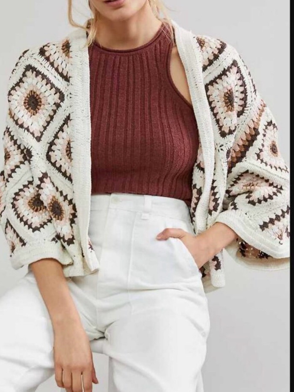 Anthropologie Amber Crochet Open Cardigan with Ivory and Brown Accents One Size